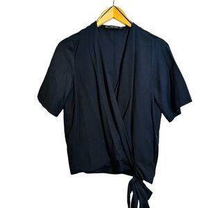 NWT Zara Basic Navy Wrap Short Sleeve Faux Wrap Blouse